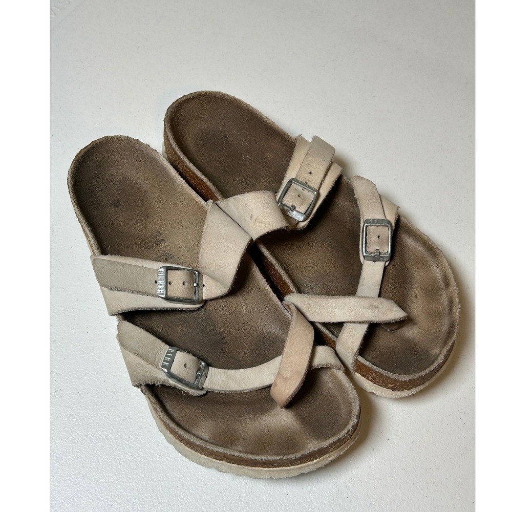 Birkenstock Mayari Sandals Women's 36 Beige Suede Toe Loop Cork Slide 5.5 Shoes